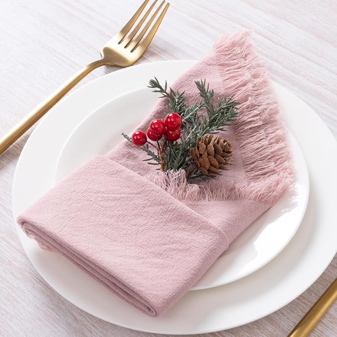DeZerlor 6 Pack Pink Cotton Linen Napkins with Fringe Spring Cloth Napkins Set of 6 Boho Handmade Dinner Napkins Bulk for Wedding Bridal Baby Shower Parties, 17 x 17 Inches