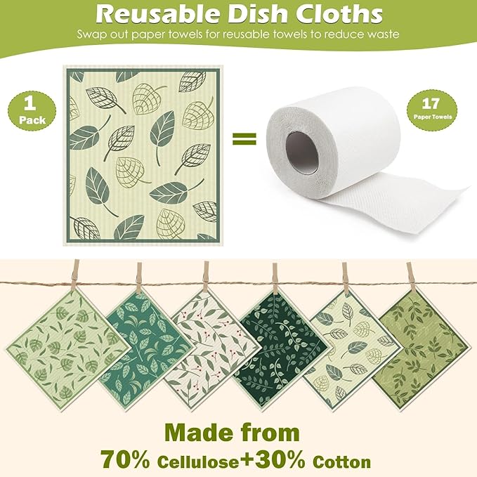 6 Packs Swedish Paper Cloths for Kitchen, Reusable Paper Towels Washable Dish Rags, Highly Absorbent Kitchen Towels Quick Drying Swedish Sponge Cleaning Dish Cloths (Plant Leaves)
