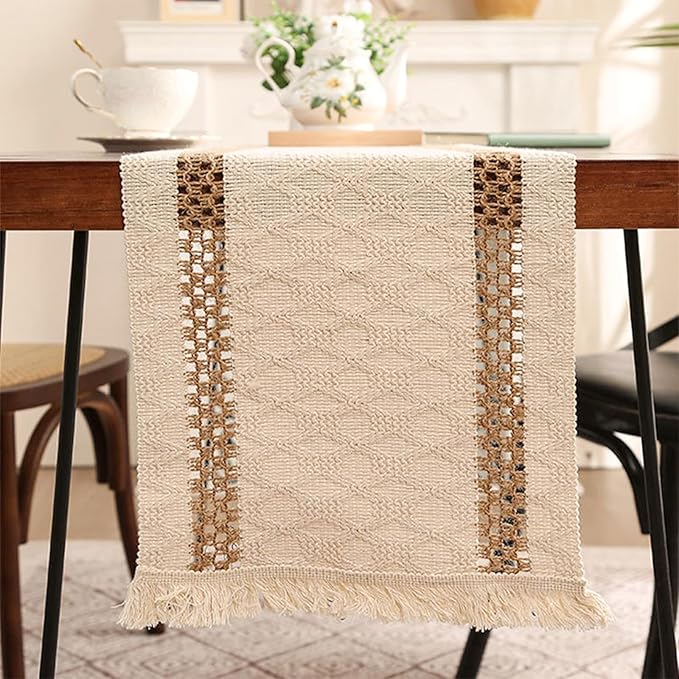 Niviy Boho Table Runner for Home Decor 144 Inches Long Farmhouse Macrame Table Runner Cotton Linen Woven Table Runners for Summer Dining Table Decoration, Beige & Brown
