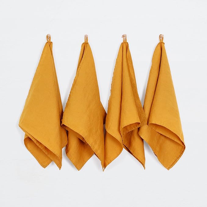 100% Linen Tea Towels - 14 x 28 Inch Pure French Linen Kitchen Dish and Hand Towels (Set of 4) (Yellow)