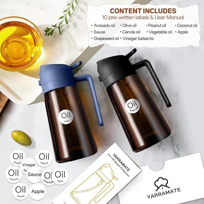 YARRAMATE 2Pcs 16oz/470ml Dark Brown Oil Sprayer for Cooking with Stickers, Food-grade Premium 2 in 1 Olive Oil Dispenser Bottle for Kitchen Gadgets, Air Fryer, Salad, Frying, BBQ (Black&Navy)