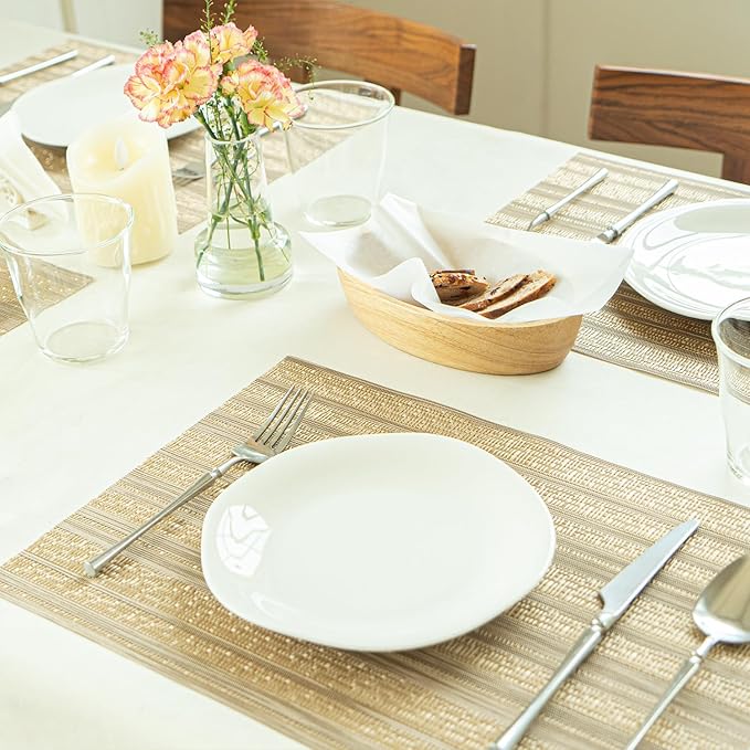 Placemats Set of 8 Vinyl/Plastic Woven Place Mats for Kitchen Table Indoor/Outdoor Washable Placemat Wipeable Dining Table Mats (Aurora Gold,8)