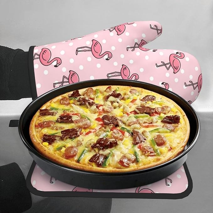 Pink Flamingos Oven Mitts and Pot Holders Pink Background Heat Resistant Oven Mitts Safe for Baking Cooking BBQ
