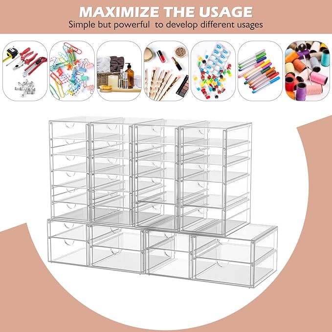 caktraie Desk Organizers And Accessories With 22 Drawers, 4 Pack Office Desktop Drawers, Plastic Makeup Organizer Containers Bins With Drawers Desk Organization, Bathroom Organizers Storage Case Box