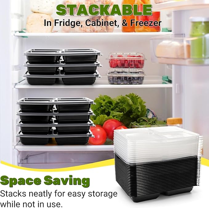 Noamus 50 Pack Meal Prep Containers, 34oz Leak-Proof Food Storage Box with Lid, Microwavable BPA Free Bento Lunch Plate, Stackable&Disposable Plastic To Go Takeout Pan for Freezer Safe, 4 Compartment