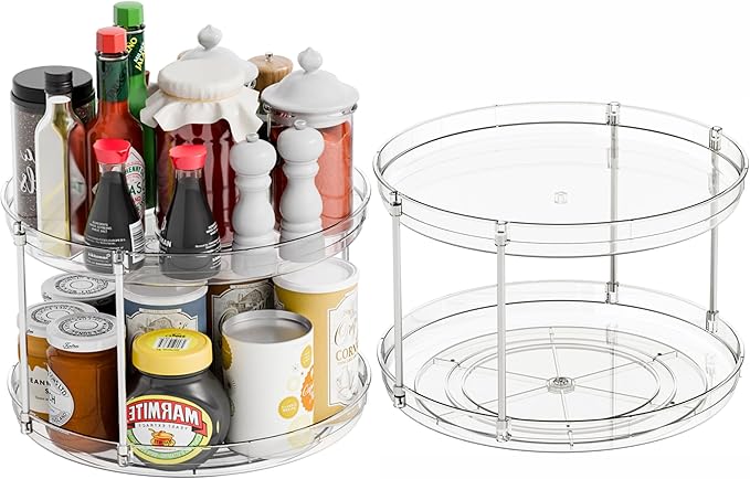 2 Tier Lazy Susan Turntable for Cabinet,Countertop,Pantry,12"W Spinning Seasoning Organizer,Double Rotating Kitchen Spice Rack Organizer and Condiments,Medicine,Vitamin Bottle Organizer Carousels,2Pc