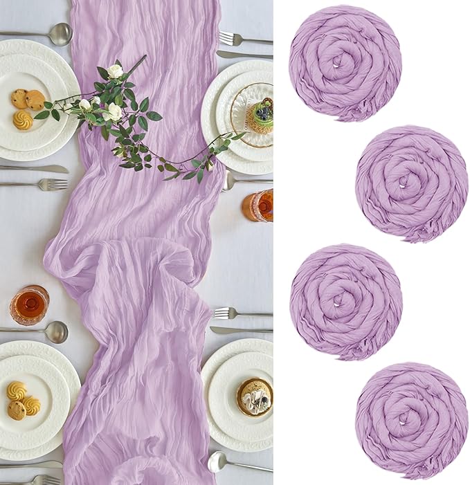 IVAPUPU 4 Pcs Cheesecloth Table Runner - 10ft Lilac Purple Lavender Boho Gauze Cheese Cloth Table Runners for Baby Shower Decorations Wedding Party Summer Garden Decor