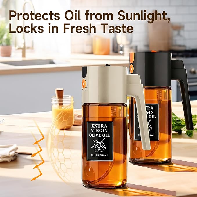 Oil Sprayer Set 16oz/500ml 2 Pack Glass Oil Spray Bottles for Cooking, Kitchen Oil Sprayer Set for Air Fryer Salad Grilling Family Use, UV Resistant Glass（Black+Beige）