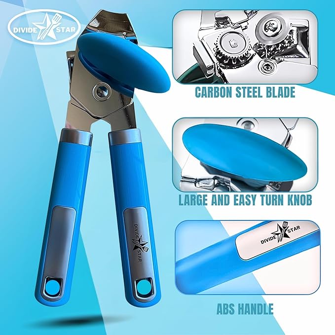 Manual Can Opener for Seniors – Easy-Turn Knob, Cleaner Edge Cutting, Magnetic Lid Lifter, Heavy-Duty Carbon Steel Blade, Ergonomic Comfort Grip – Blue