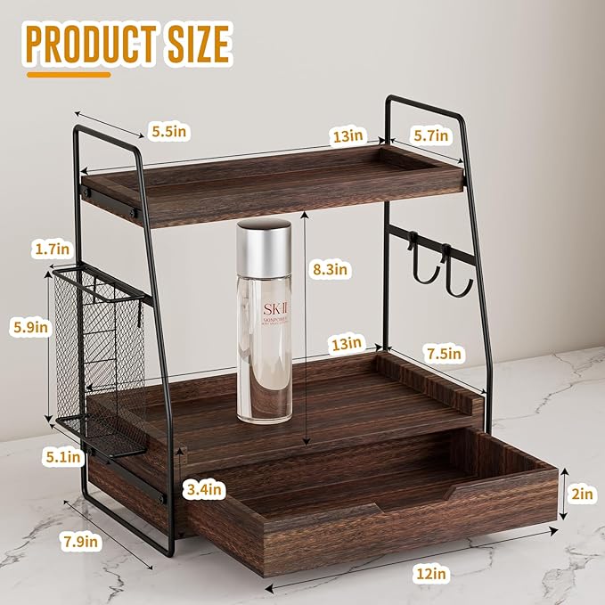 2-Tier Bathroom Counter Organizer with Drawer & Removable Basket, Wood & Metal Vanity Organizer for Skincare, Makeup, Perfume, Toiletries, Small Bathroom Counter Shelf, 13'' Rustic