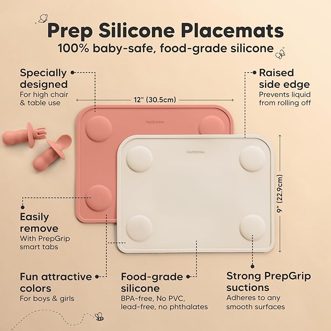 KeaBabies 2pk Silicone Placemats for Toddlers, Kids - 12x9 Non Slip Suction Baby Silicone Placemat for Restaurants, Dining Table,Travel,Easy to Clean,Food Grade/BPA-Free,Small Baby Table Mat(Roseate)