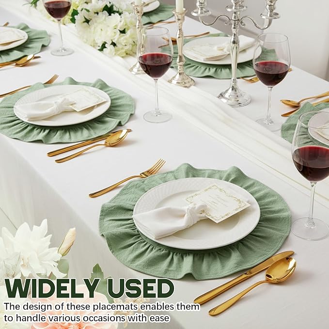4 Pcs 15 Inch 100% Cotton Scalloped Round Placemats, Thin Light Green Place Mats with Ruffle, Washable Placemats Table Mats for Kitchen Dining Holiday Gatherings Decor