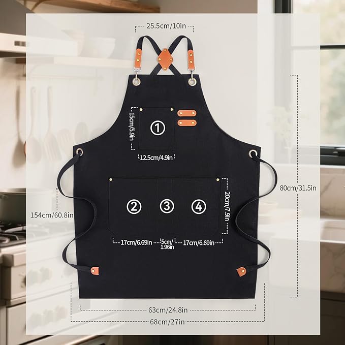 Chef Aprons for Men Women with Large Pockets, Cotton Canvas Water Repellent Kitchen Apron for Cooking