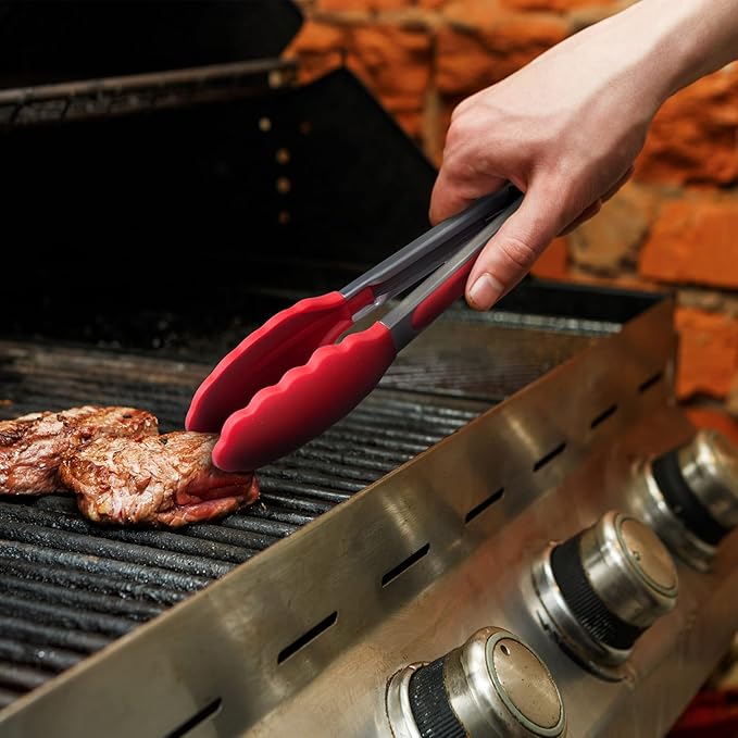 3 Pack Red Kitchen Tongs, Premium Silicone BPA Free Non-Stick Stainless Steel BBQ Cooking Grilling Locking Food Tongs, 9-Inch 10-Inch & 12-Inch