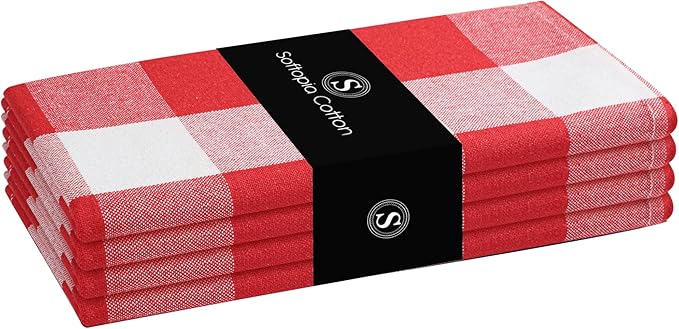 Buffalo Plaid Cloth Napkins, Set of 4, Soft, Absorbent, Durable, Reusable Fabric Napkins, Check Napkins for Dinner, Wedding, Restaurant, Buffet, Party, Christmas - Red White (16"x16")