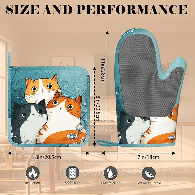 Cute Cartoon Cat Oven Mitts and Pot Holders Sets Funny Cat Silicone Heat Resistant Kitchen Oven Gloves Pot Holder for Cooking Baking Grilling BBQ