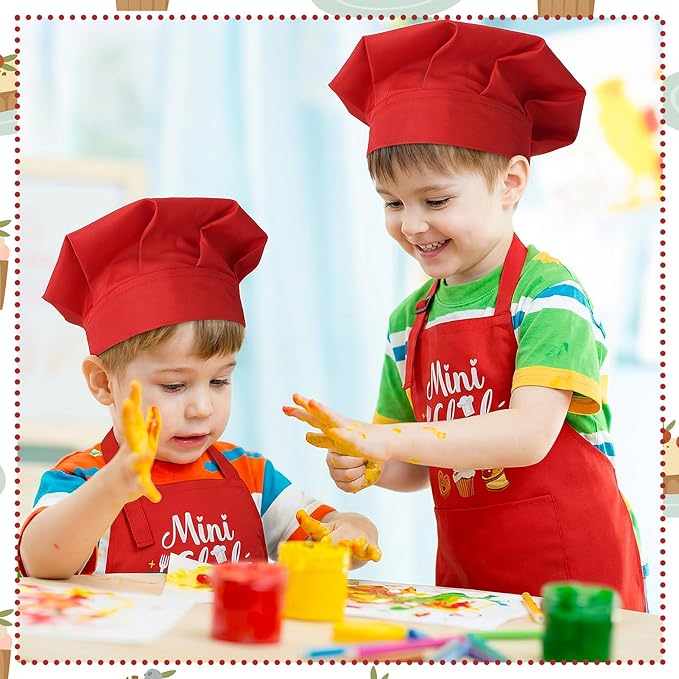Kids Apron and Chef Hat Set, “Mini Chef” Funny Apron Adjustable Kitchen Apron for Boys and Girls