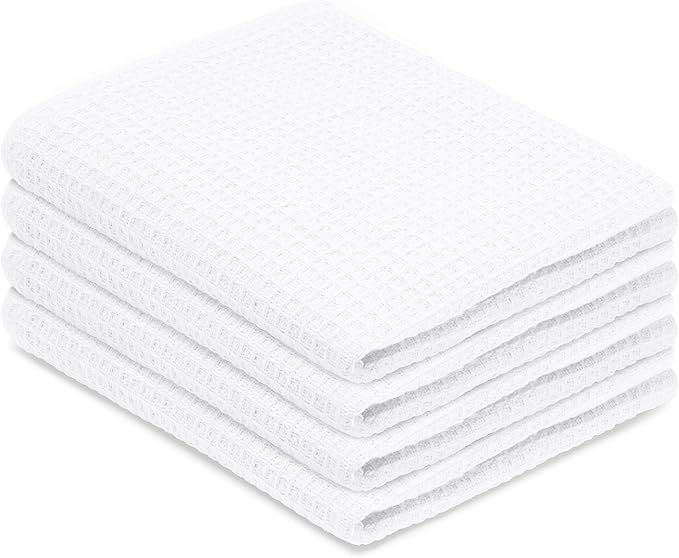 Blue Needles Waffle Weave Kitchen Towels, 15x25 Inches 100% Cotton Set of 4 Dish Towels for Kitchen, Ultra Soft & Absorbent with Hanging Loop, Spring Summer Dish Rags for Quick Drying - White