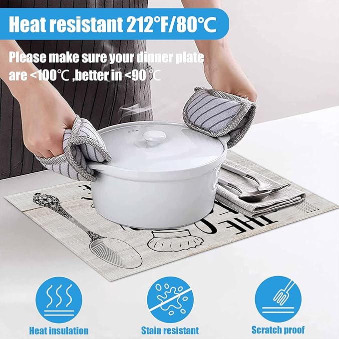The Kitchen is The Heart of The Home Placemats Set of 6, Washable Linen Place Mat Heat Resistant Non Slip Kitchen Dining Table Mats 12x18 Inch