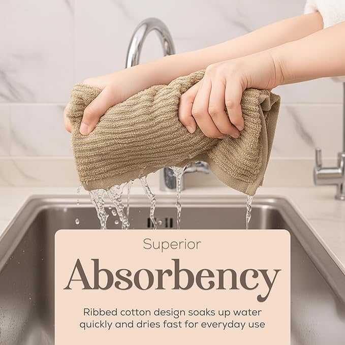 MosJos Kitchen Hand Towels Set of 4 Cotton Ribbed Taupe and White Hand Towels, 18 x 28 Super Absorbent Drying Cloth Kitchen Linens