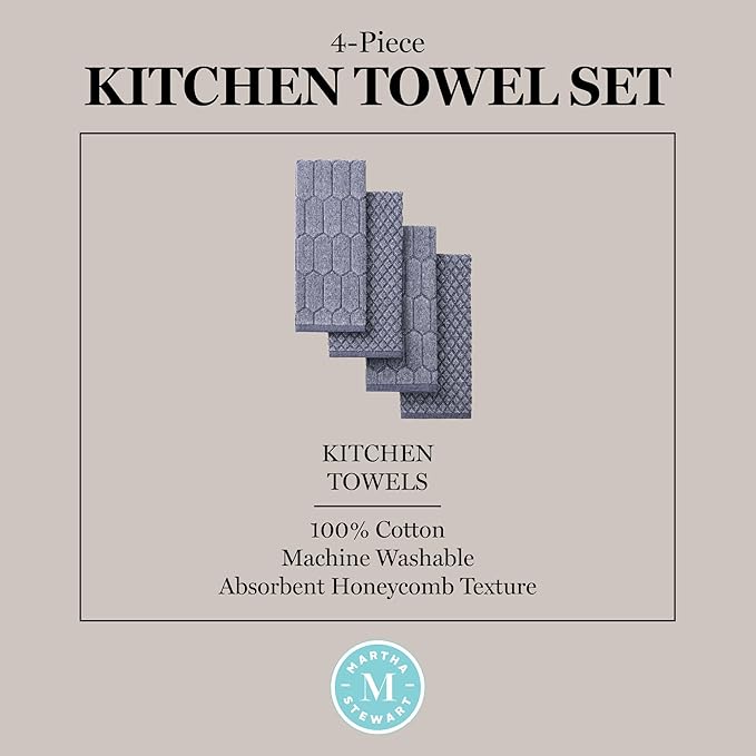 Martha Stewart Honeycomb Chambray Textured Kitchen Towel 4-Pack Set, 100% Cotton with Absorbent Terrycloth, Decorative Kitchen Towels, Navy Blue, 16"x28"