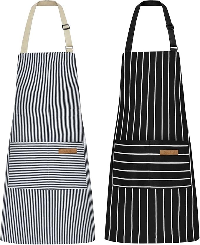 NLUS 2 Pcs Kitchen Cooking Aprons, Poly/Cotton Blend Adjustable Soft Bib Stripe Aprons with 2 Pockets for Women Men Chef (Blue Pinstripes/Black Stripes)