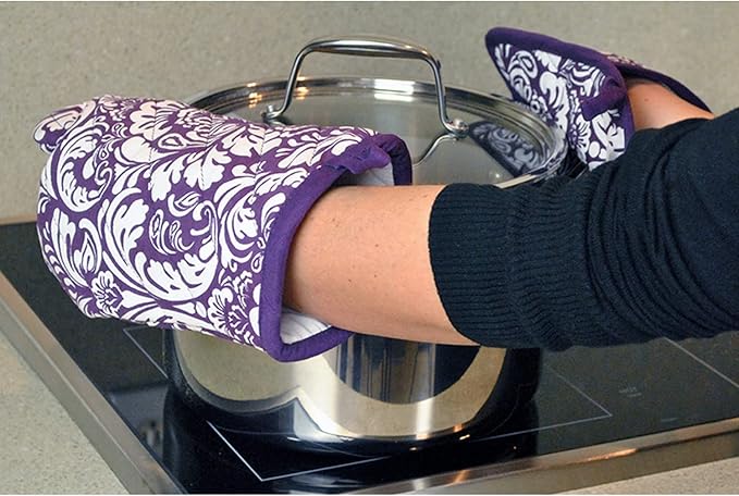 DII Quilted Kitchen Oven Mitt & Potholder Set, Hanging Loop for Convenient Storage, OM 6.5x12/PH 8x8.5, Eggplant Damask Print, 2 Piece
