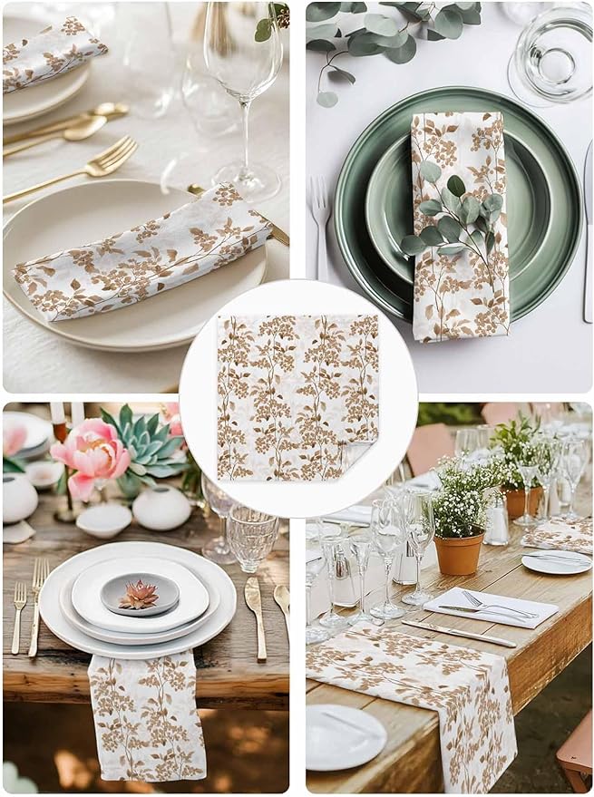 Brown Flower Cloth Napkins Set of 6 - Washable Dinner Napkins Reusable Table Napkins for Home Party Weeding Dining Table Setting Decoration,Oversized Spring Summer Retro Garden Herb Pastel Plant