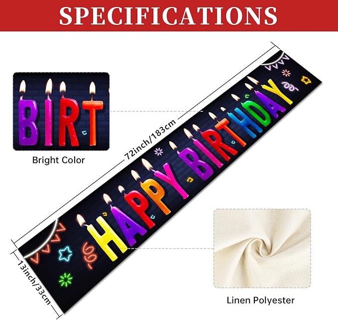 Happy Birthday Table Runner 13x72 Inch Birthday Candle Farmhouse Polyester Linen Table Decoration for Kitchen Dinning, Indoor Outdoor Home Dinner Party (Multi)