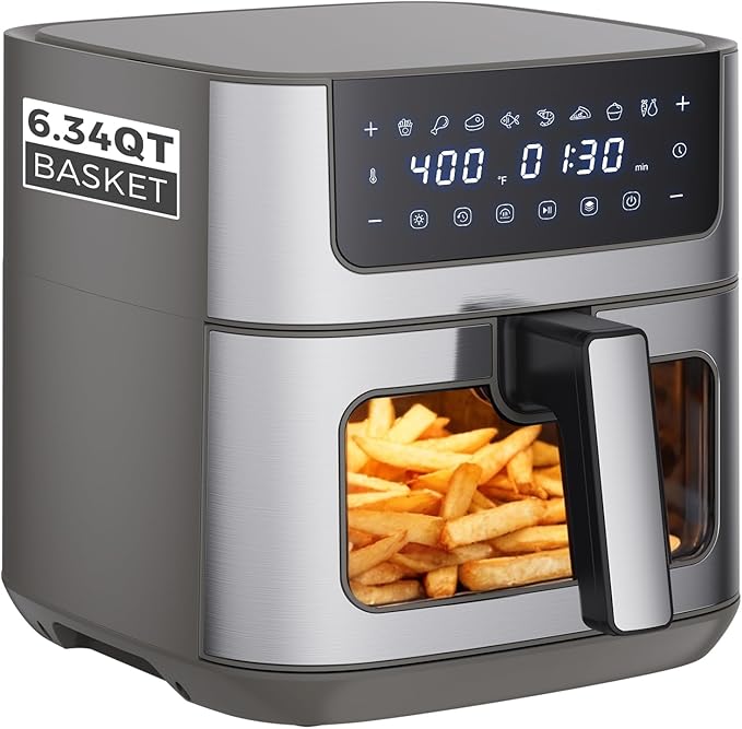 OLIXIS 6.34QT Air Fryer with Window, 8 Food Presets with 400°F Max Heat, 90-Min Timer, Nonstick Dishwasher-Safe Basket for Air Fry, Roast, Reheat, Bake, Stainless Steel, Grey