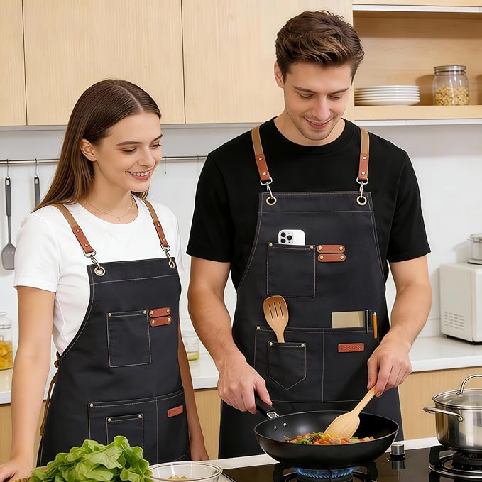Chef Aprons for Men Women with 4 Large Pockets, Cotton Canvas Cross Back Adjustable Apron for Work grilling kitchen gardening