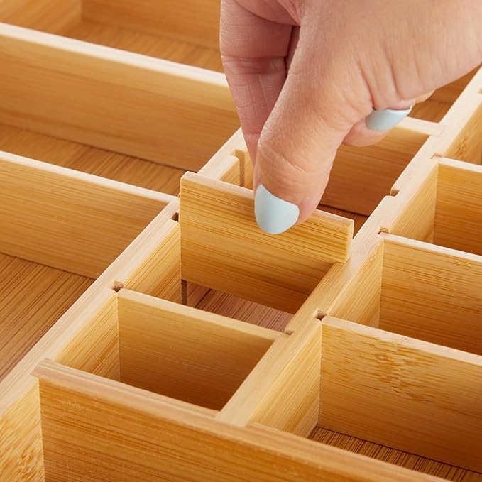 Juvale Drawer Organizer Tray - 8-Slot Drawer Divider for Utensils - Versatile Silverware Holder - Desk Tray for Office Supplies - 14 x 10 x 2 in, Brown, Bamboo