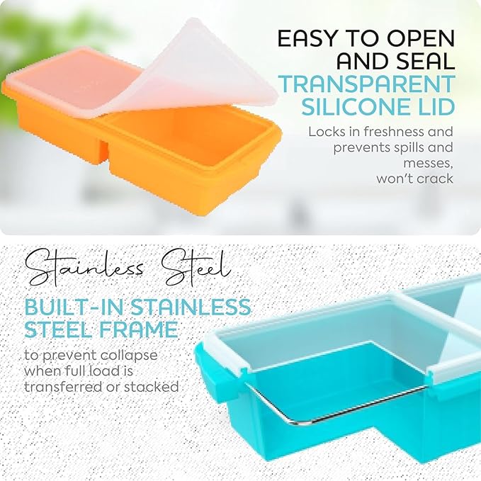 Silicone Freezer Tray With Lid-Soup Freezer Container molds-Large Ice Cube Tray Set Makes 1-Cup & 2-Cup portions cubes Perfect for preparing meals in different portion sizes Oven & Dishwasher -Safe