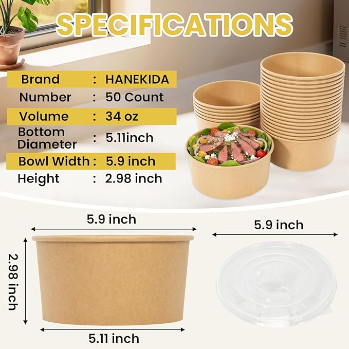 50 Count 34 oz Disposable Meal Prep Containers with Lids, Soup Serving Bowls Disposable Paper Bowls | Microwave-Safe | for Party, Takeout, Gatherings, Outdoor Meals