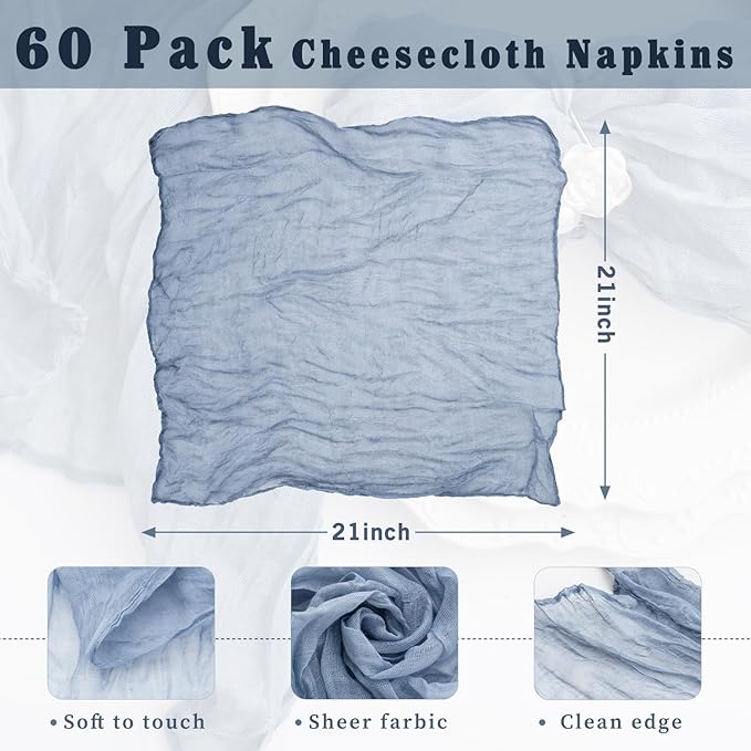 60 Pack Dusty Blue Cheesecloth Napkins Washable 21x21 Inches Dusty Blue Cloth Napkins Set of 60 Bridal Baby Shower Dinner Table Napkins for Wedding Rustic Boho Cotton Gauze Summer Party Table Decor