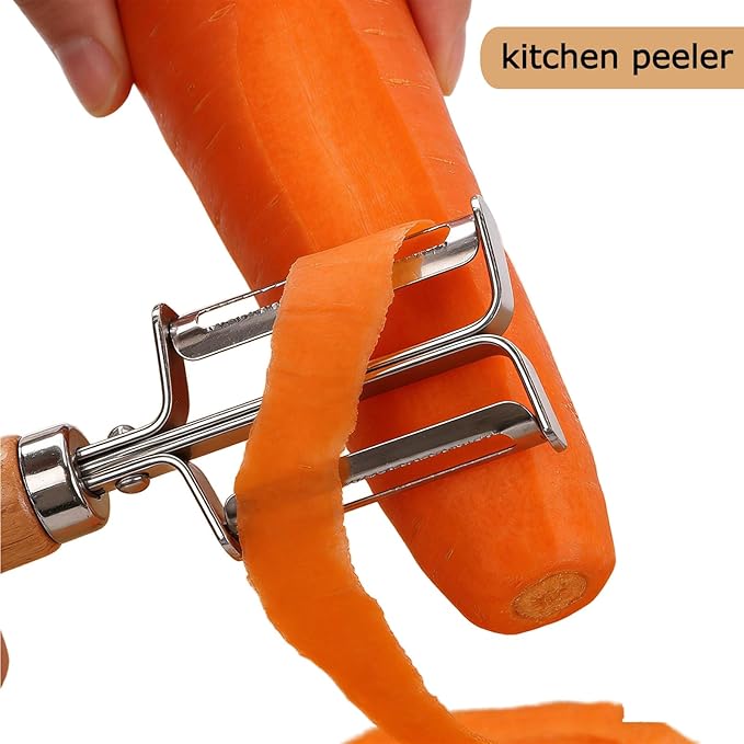 Vegetable Peeler, Stainless Steel Dual Blade Potato Peeler with Beech Wood Handle, Fruit Peeler for Carrot, Apple, Potato, Kitchen Peeler Tool for Vegetable and Fruit