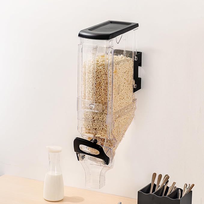 Restaurantware Cereal Dispenser 5 gal Plastic Wall-Mounted Gravity Bin Candy Dispenser Self-Serve Black Dry Food with Wall Mount Brackets for Breakfast Buffet or Hotel Use
