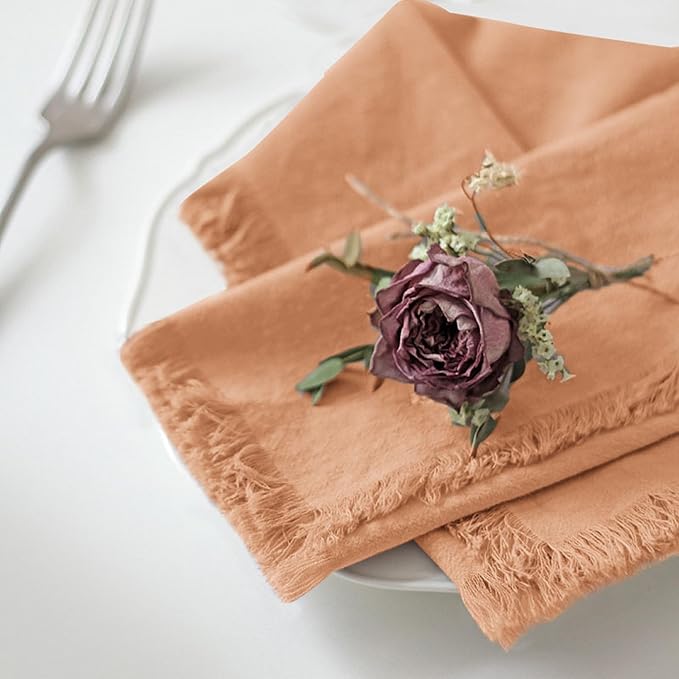 Handmade Cloth Napkins 100% Cotton Napkins with Fringe，Delicate Handmade Cloth Napkins for Dinners, Parties, Weddings and More，18 x 18 Inch Set of 6 - Caramel