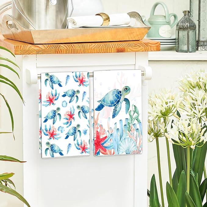 Sea Turtle Ocean Kitchen Towels 2 Pcs Decorative Hand Towel Absorbent with Hanging Loop 16”X 24”