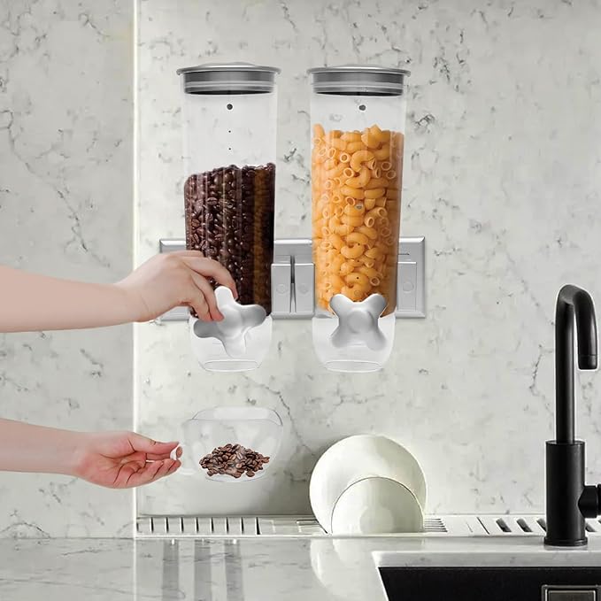 2 Pack Cereal Dispensers,Wall Mounted Dry Food Dispenser,Large Capacity Candy Dispenser,Grain Storage Dispenser,Rice Dispenser w/Cup for Kitchen Storage Oatmeal Snack Coffee Beans Nuts 3L (Silver)