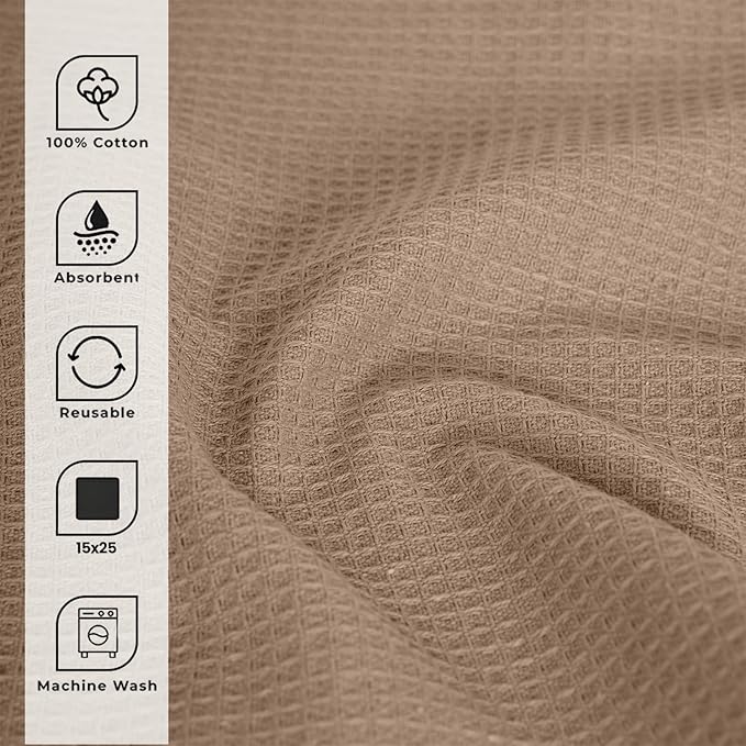 Blue Needles Waffle Weave Kitchen Towels, 15x25 Inches 100% Cotton Set of 4 Dish Towels for Kitchen, Ultra Soft & Absorbent with Hanging Loop, Spring Summer Dish Rags for Quick Drying - Beige