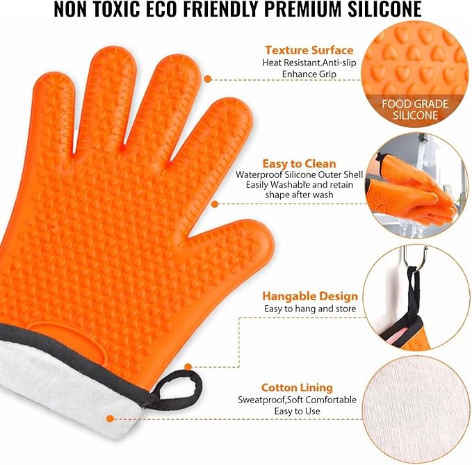 Cotton Lined Silicone Oven & BBQ Gloves, 450°F Heat Resistant Waterproof & Non-Slip Mitts for Baking, Cooking, Grill, Smoker & Fryer Use, Universal Size, 1 Pair (Black)