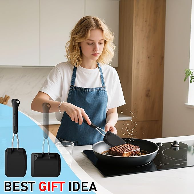 MFTEK Silicone Spatula Set, Eggs Flipper, Adjustable Angle Spatula Turner for Pancake, Fish, Burger, Swappable 2 Size Spatula Heads, Flexible, Heat-Resistant (Black)