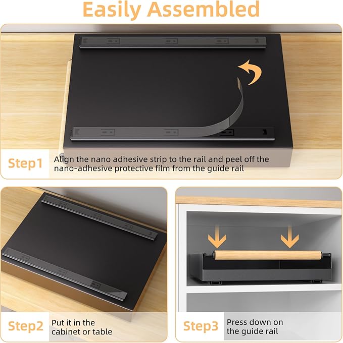 Pull Out Cabinet Organizer, 15.3'' Deep Expandable Slide Out Cabinet Organizer Fixed with Adhesive Nano Film, Slide Out Drawers Pull Out Tray for Cabinet in Kitchen, Pantry, Bathroom, Black