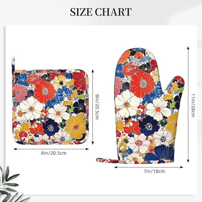 Oven Mitts and Pot Holders Colorful Flower Ethnic Art Silicone Kitchen Accessories Set of 2 Heat Resistant Long Gloves Potholder Non-Slip Grip for Chef Cooking,Baking,Grilling,BBQ