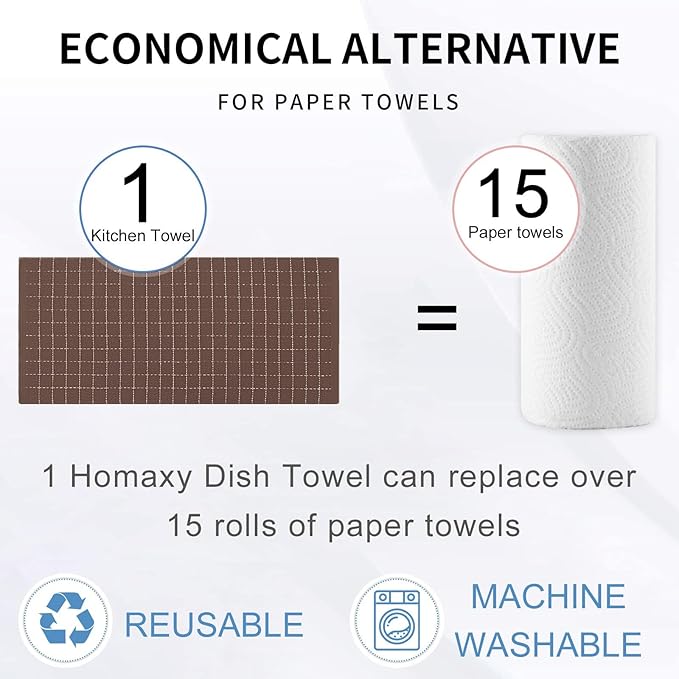 Homaxy Kitchen Towels and Dishcloths Set, 12 x 12 and 13 x 28 Inches, Set of 8 Bulk Cotton Terry Kitchen Towels Set, Checkered Designed, Soft and Super Absorbent Dish Cloths, Brown