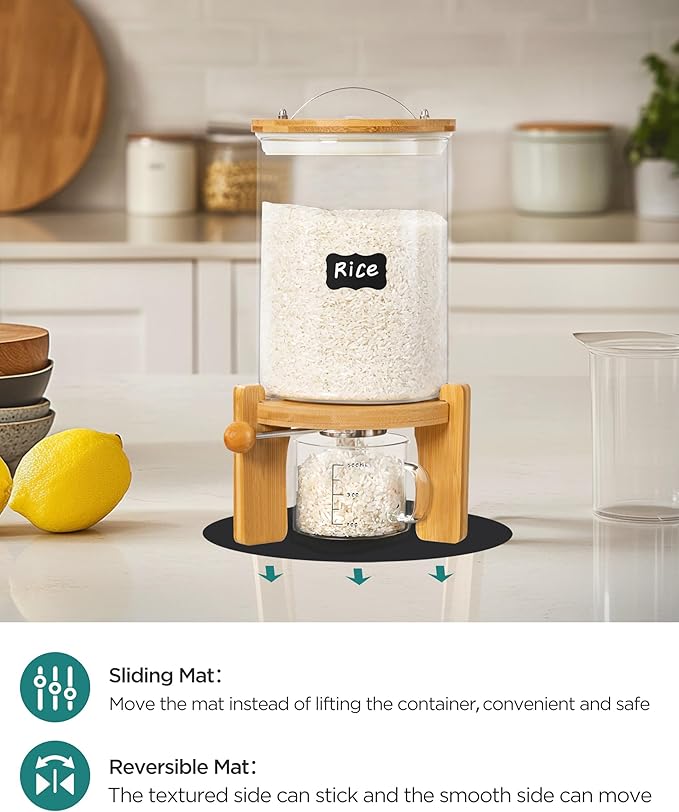 5-7 lbs Glass Rice Dispenser with Wooden Stand Flour and Cereal Container with Glass Measuring Cup & Labels & Slider mat Pantry Food Organization Storage Bin with Airtight Bamboo Lid, 3L