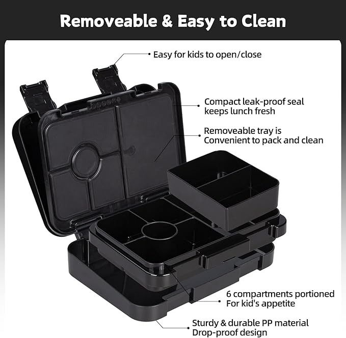 Bento Lunch Box for Kids, 6 Compartments BPA Free, Dishwasher Safe Back to School Snack Bento Lunch Containers Boxes, Ideal Portion Sizes for On-the-Go Meal, Ages 3+, School, Black