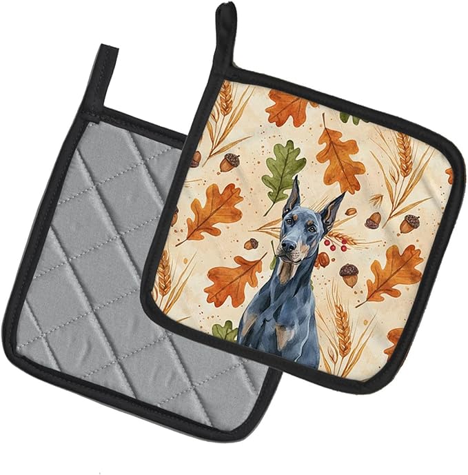 Caroline's Treasures Blue Doberman Pinscher Heirloom Fall Pair of Pot Holders Pair 7.5x7.5 Quilted Insulated Hot Pads Decorative Kitchen Gift Made in USA