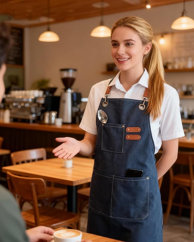 Chef Apron with Large Pockets for Women Men, Cotton Canvas Cross Back Water Repellent Adjustable Work Apron